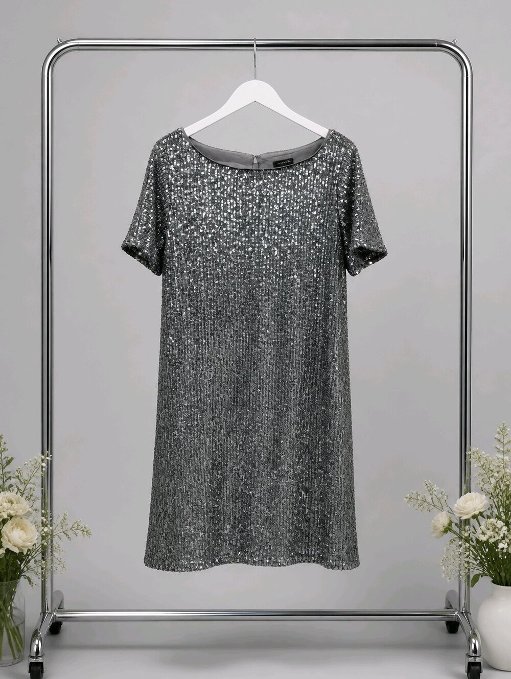 Ann Taylor Stunning Silver Sequin Short Sleeve Shift Dress - Medium